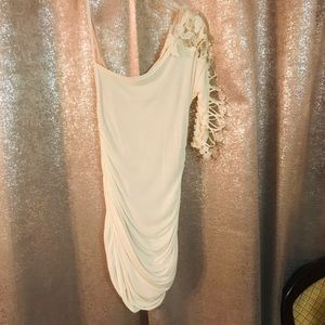 One shoulder, white dress